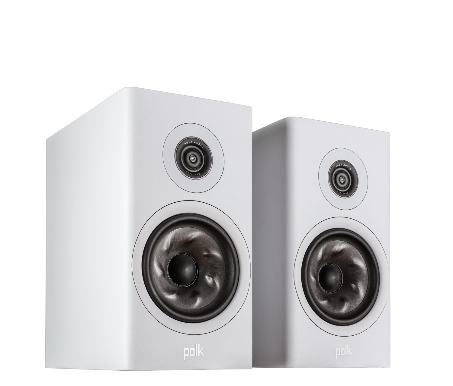 Polk Reserve R200 i hvit finish, vist som par uten frontgriller